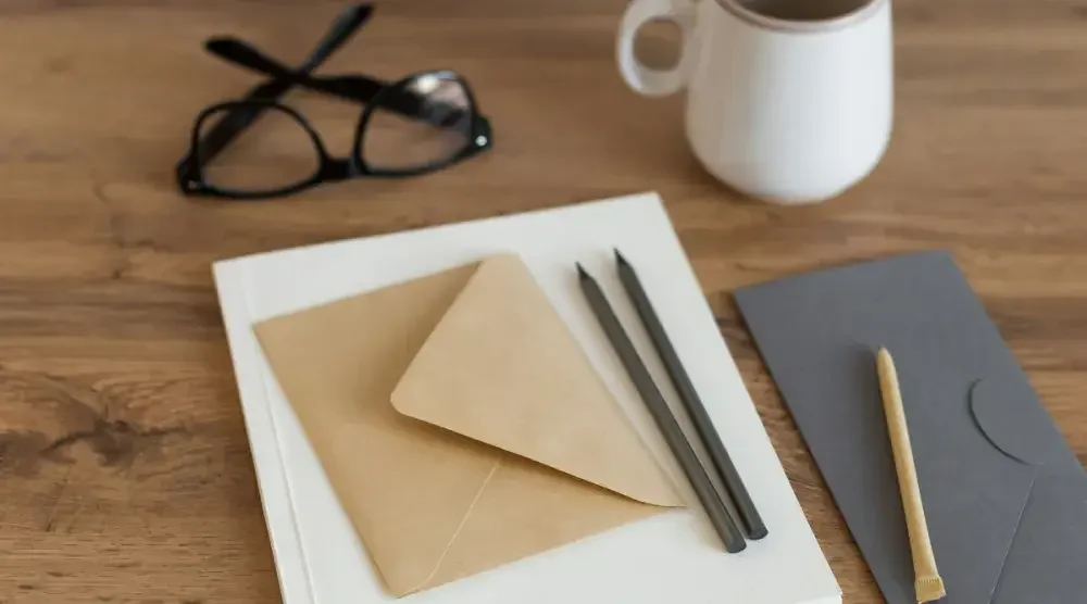 A collection of supplies on a desk: reading glasses, a coffee cup, a pad of paper, and envelope, and some writing utensils.