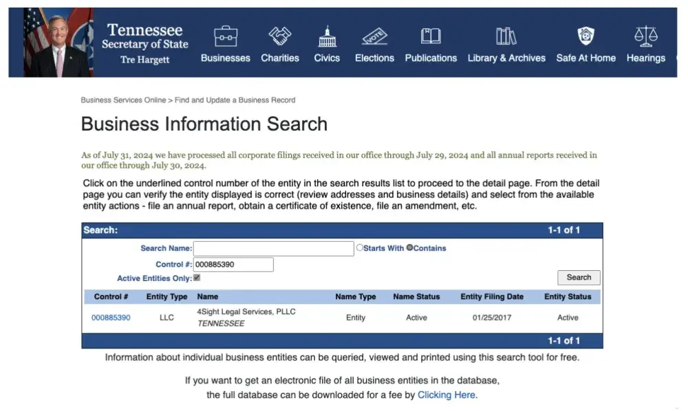 Screenshot fromt he Tennessee business search website showing an exact match for a search by a business control number.