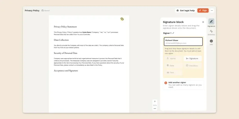 To simplify self-signing, LegalZoom’s eSignature service pre-populates the first “Signature block” with your name and email address.