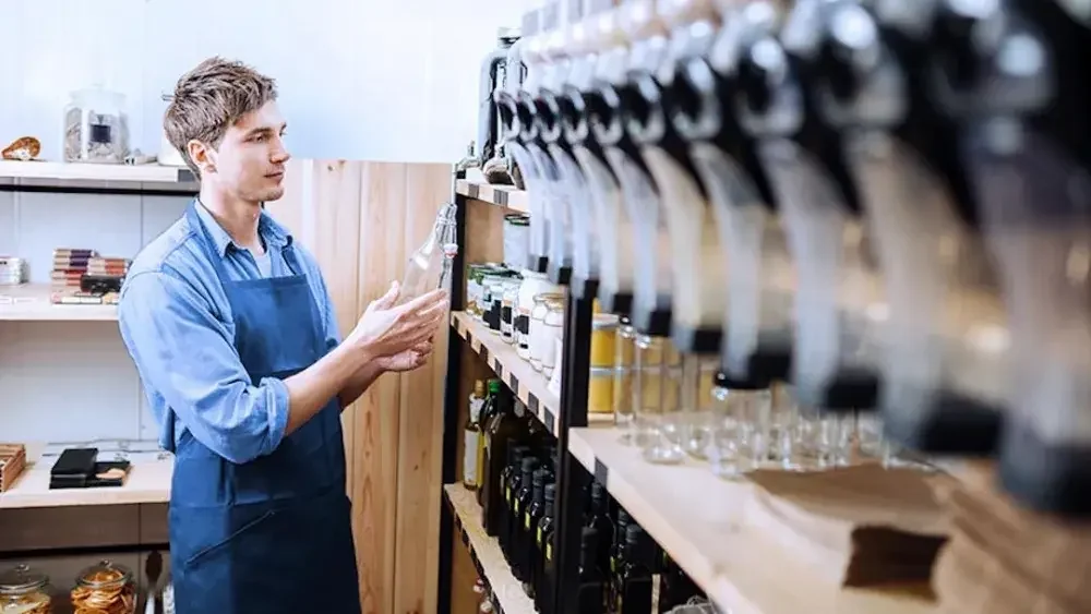 The owner of an olive oil shop holds an empty bottle near a dispenser to fill it.