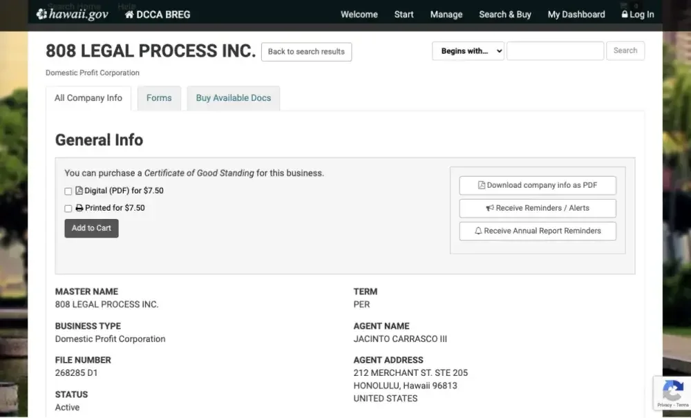 Screenshot of the Hawaii DCCA website business registration resource