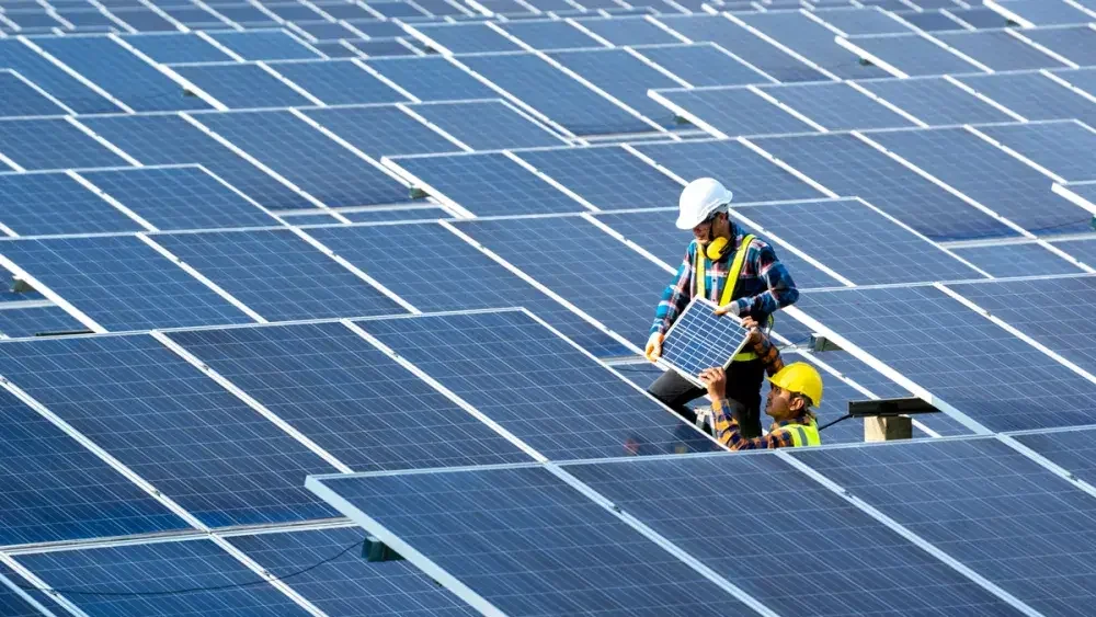 A man inspects solar panels for green energy credits 