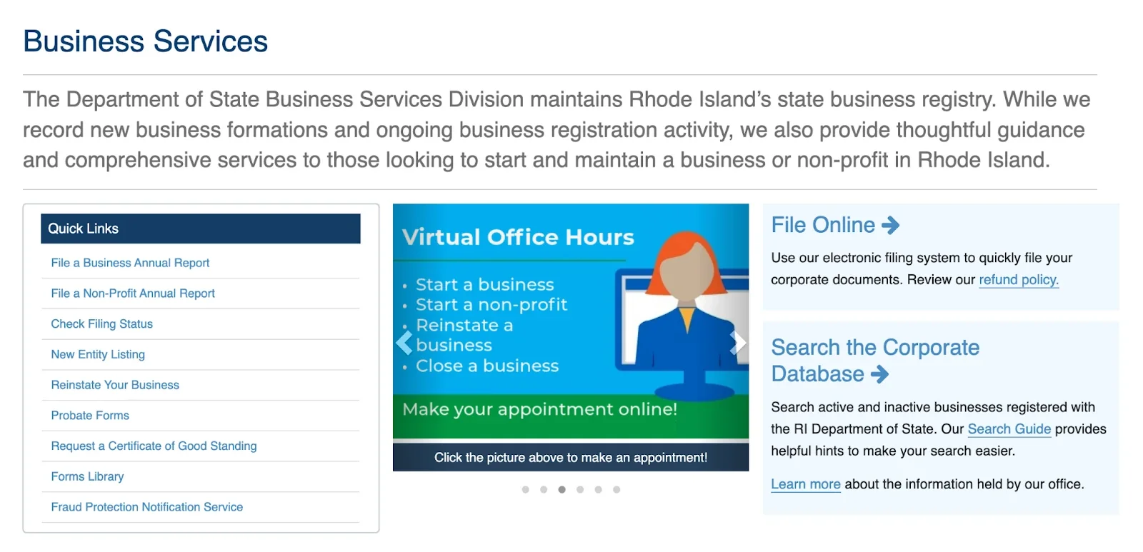 Screenshot of The Rhode Island Department of Business Services website business services page