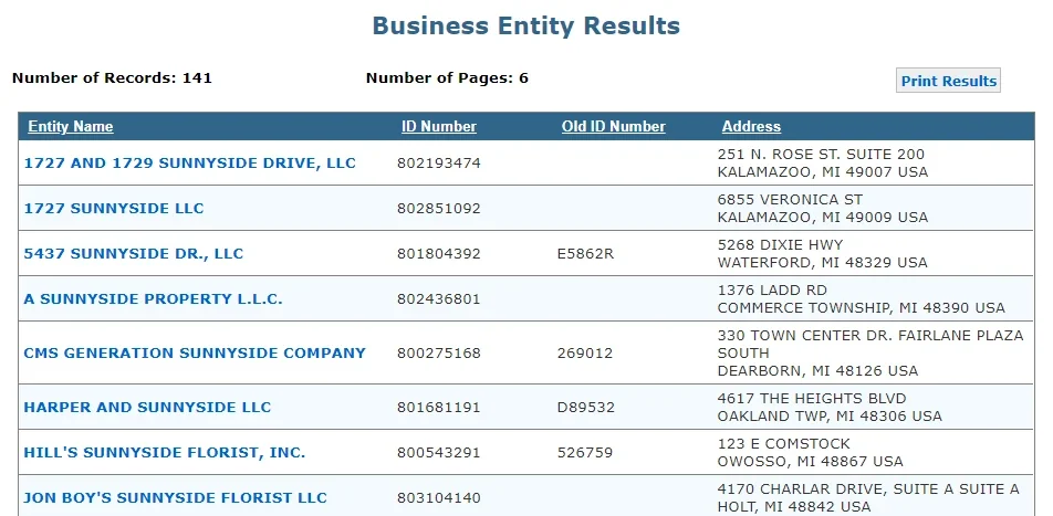 Screenshot of the Michigan business search homepage with search results for the word "Sunnyside."