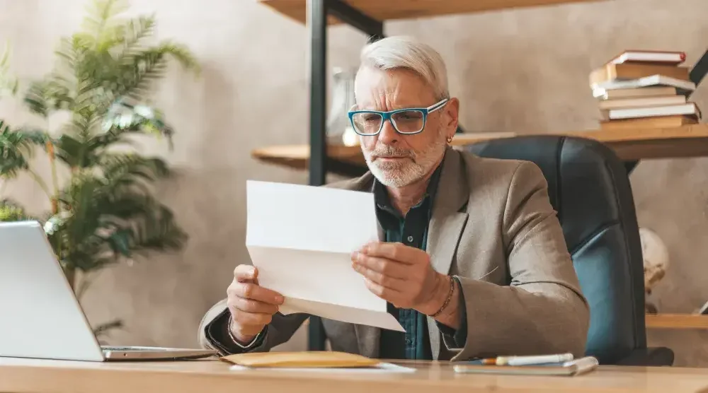 A hip-looking man with grey hair sits at a desk and closely reads a piece of paper. A bankruptcy attorney can guide you through the difficult process of bankruptcy.