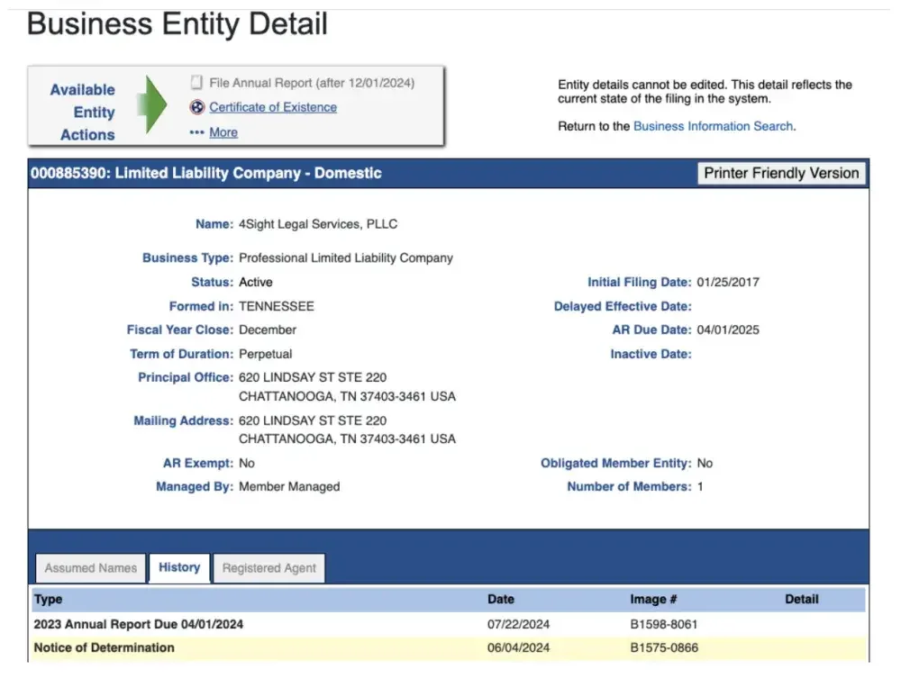 Screenshot fromt he Tennessee business search website showing entity details for a business.