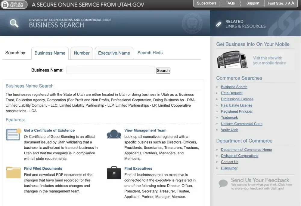 Screenshot of the Utah Division of Corporations and Commercial Code website showing the business name search function