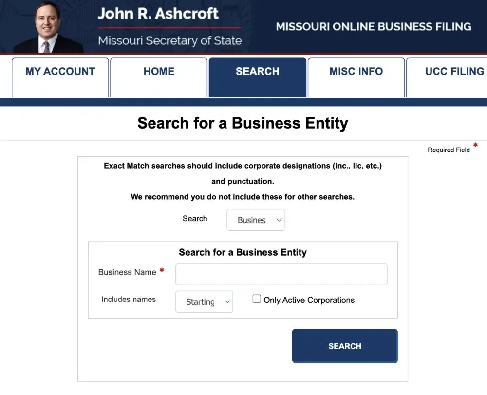 Screenshot of Missouri Secretary of State website business search