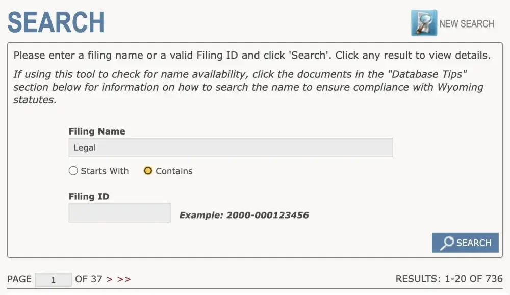 Screenshot of the Wyoming business entity search website showing a search for names containing the word "Legal."