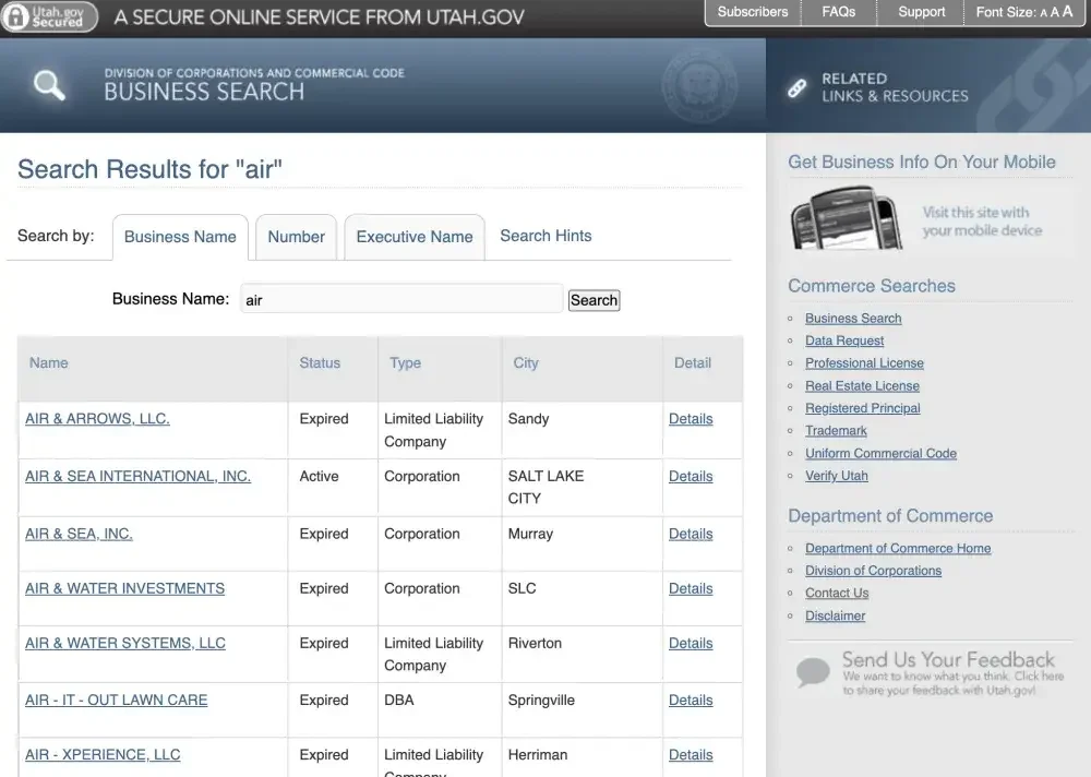 Screenshot of the Utah Division of Corporations and Commercial Code business search website showing results of a business name search for the word air