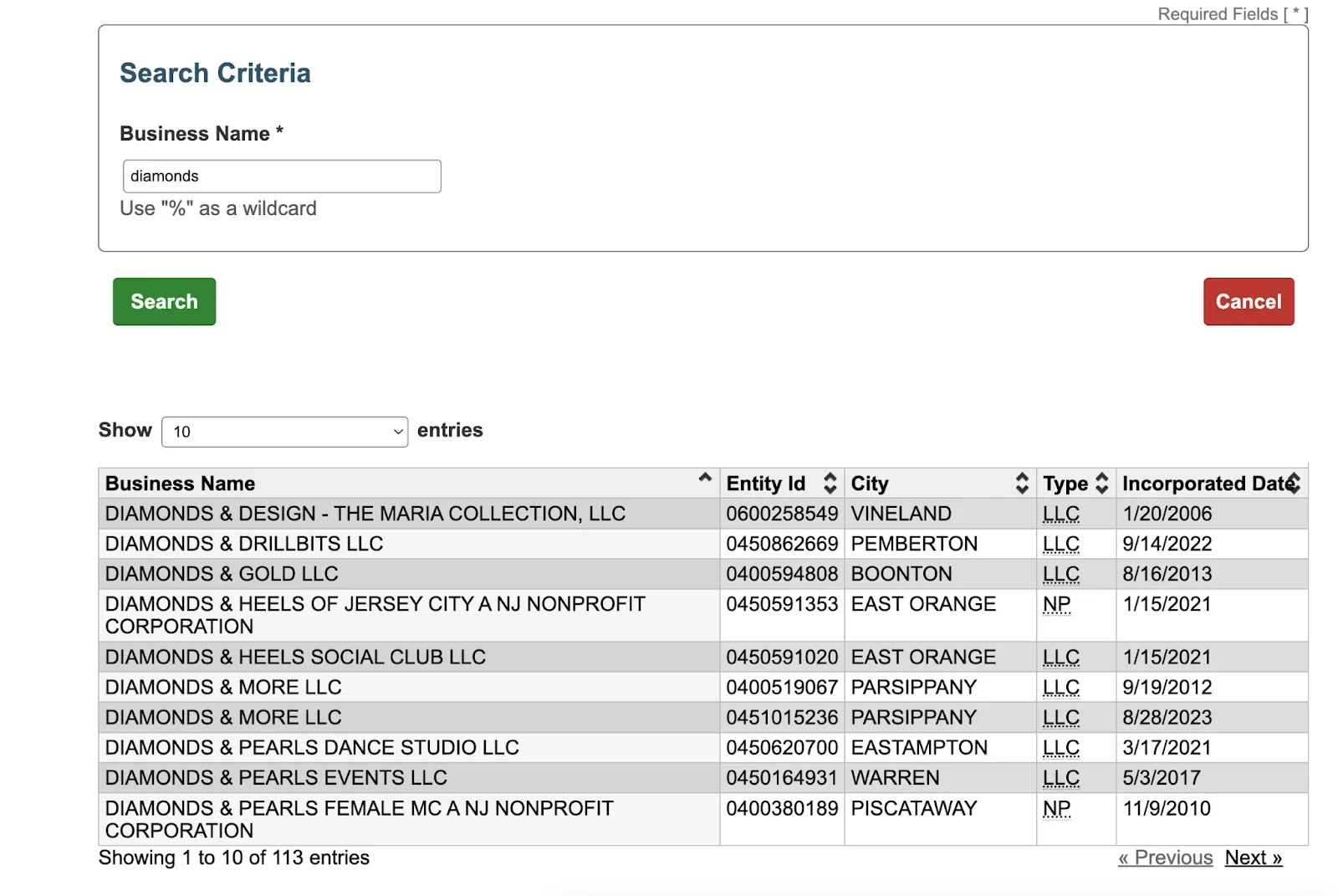 A scree shot from the New Jersey business search website showing search results for the word "diamonds."