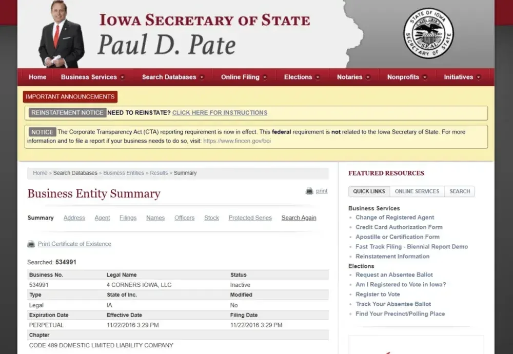 Screenshot of the Iowa business search website showing details about a single business.