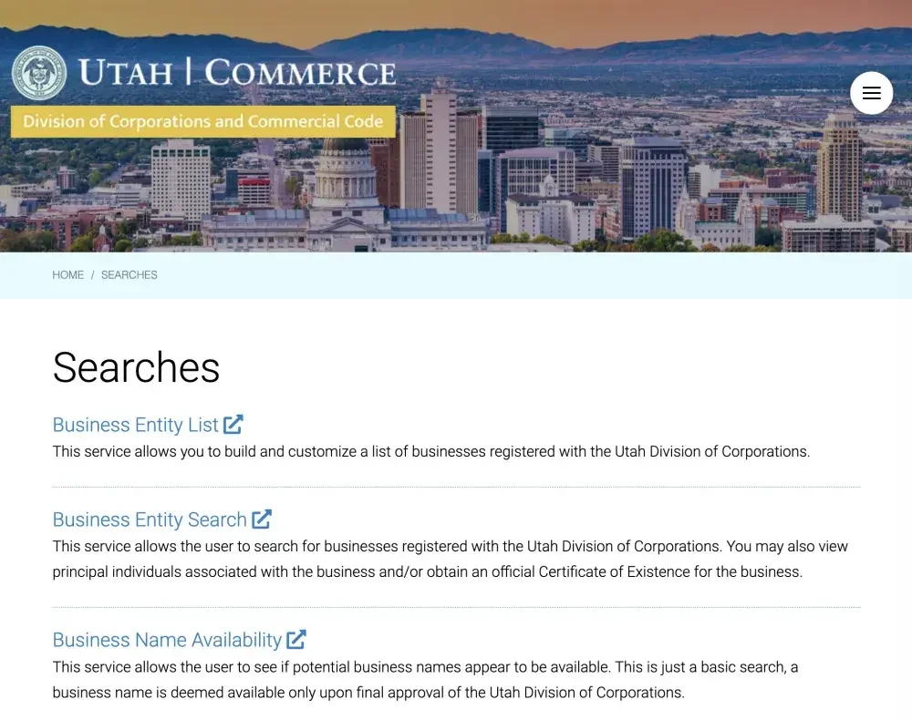 Screenshot of the Utah Division of Corporations and Commercial Code website showing the different search options for a business search