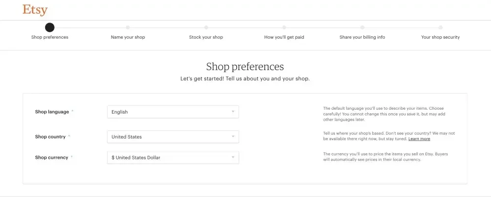 Screenshot from Etsy: shop preferences dashboard.