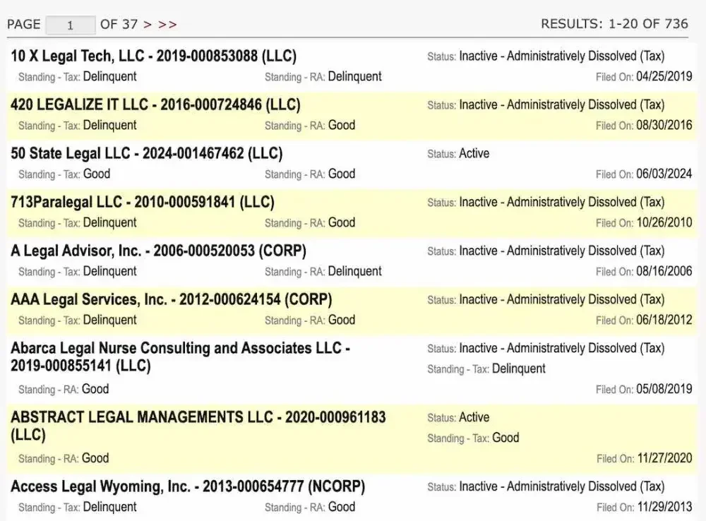 Screenshot of the Wyoming business entity search website showing search results for the business names containing the word "Legal."