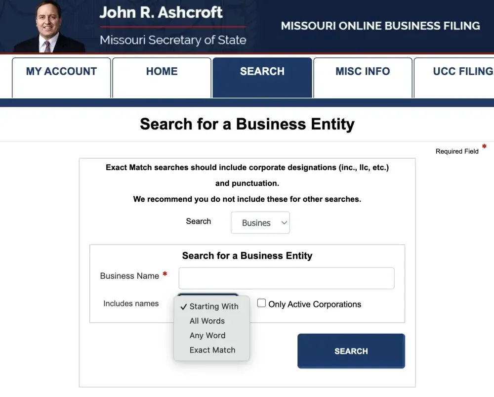 Screenshot of Missouri Secretary of State website business search options