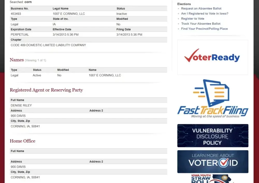 Screenshot of the Iowa business search website showing details about a single business.