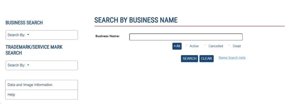 Screenshot of the Ohio Business Search website homepage.