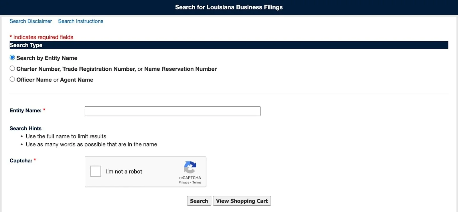 Louisiana Business Search home page