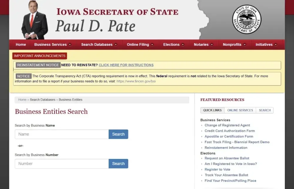 Screenshot of the Iowa business search homepage.