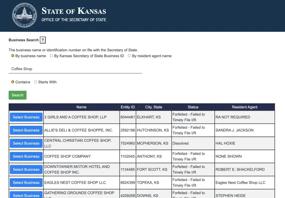 Screenshot of a Kansas Secretary of State business search showing results for the phrase "Coffee Shop".