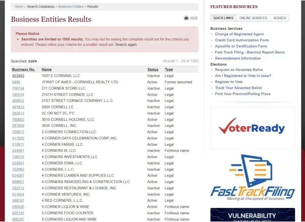 Screenshot of the Iowa business search results page.