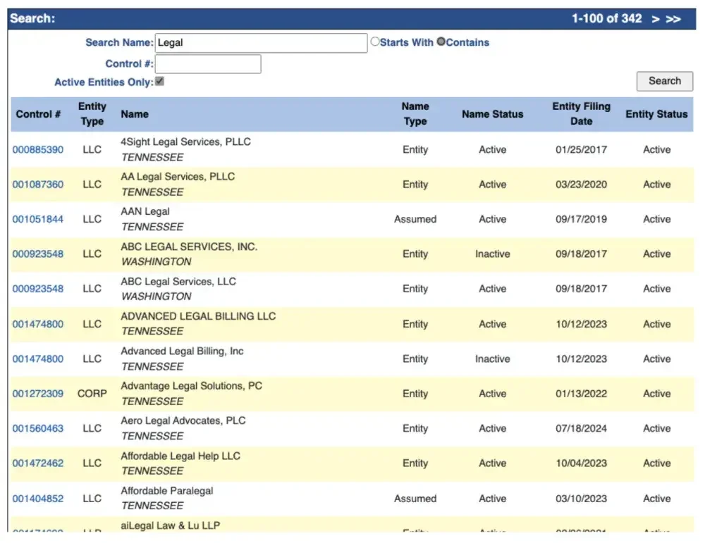 Screenshot fromt he Tennessee business search website showing search results for businesses with the word "Legal" in their name.