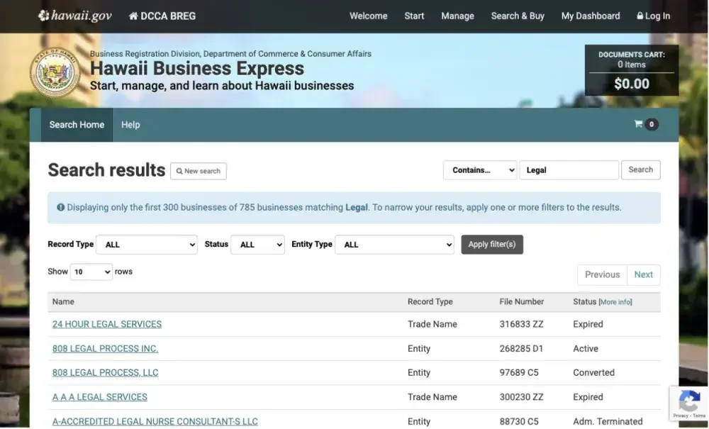 Screenshot of the Hawaii DCCA website business registration resource