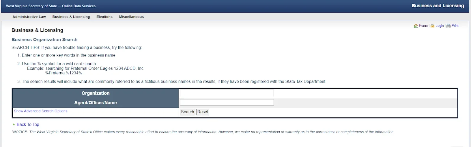 Screenshot of the West Virginia Business Organization website Search portal