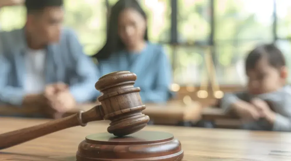 In the foreground, a gavel rests on a sound block. In the background a divorcing man and woman sit at a conference table with their toddler. if you're going to pay or receive spousal support in California, you’ll want to learn how alimony laws work in the Golden State.