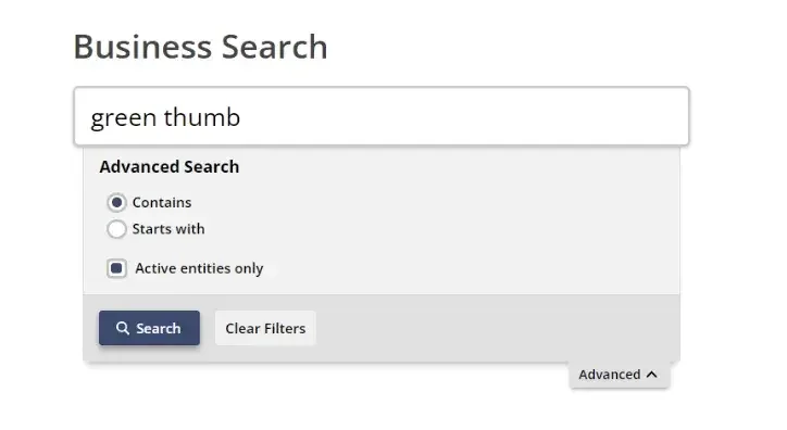 Screenshot of North Dakota business search tool with advanced options selected to show active businesses with names containing the phrase "green thumb".