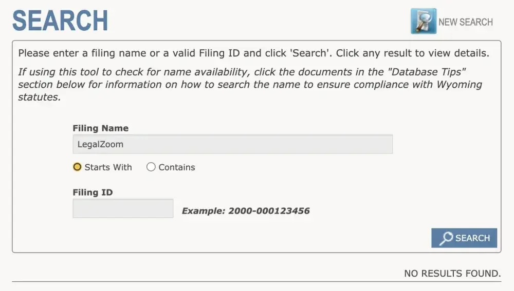 Screenshot of the Wyoming business entity search website showing "no results" for the name LegalZoom.