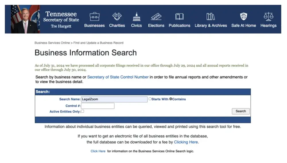 Screenshot fromt he Tennessee business search website showing a search for businesses containing the name "LegalZoom"