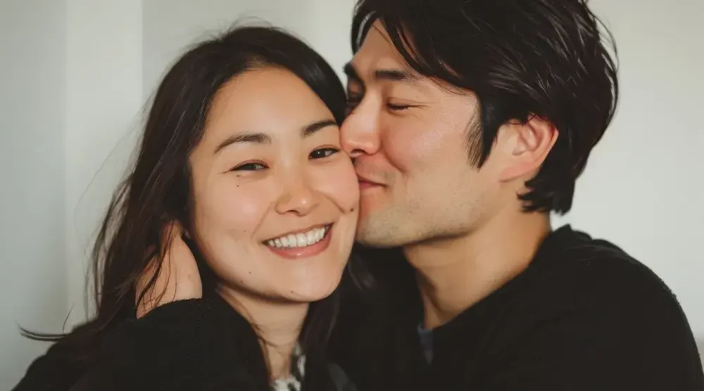 A man hugs a woman and kisses her on the cheek. The couple lives in New York and is considering common law marriage.