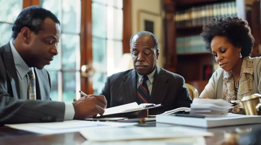 An attorney checks uncontested divorce papers for a man and woman sitting near him. In Florida, uncontested divorce is called Simplified Dissolution of Marriage.