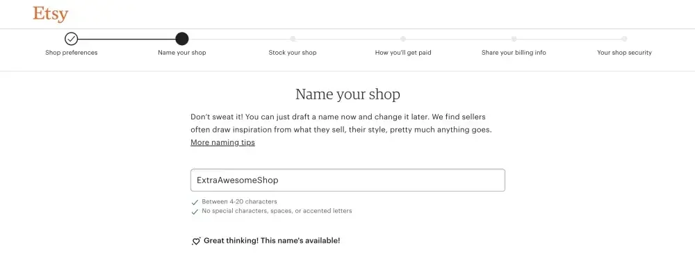 Screenshot from Etsy: shop naming process flow.