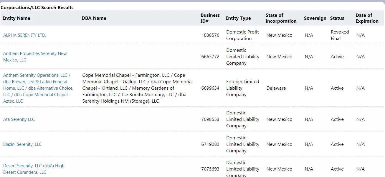 Screenshot of the New Mexico Secretary of State business search website showing search results for businesses with the name "Serenity".