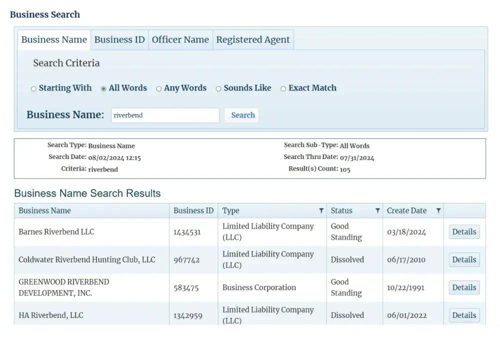 Screenshot from Mississippi business search website showing results for the search term "riverbend".