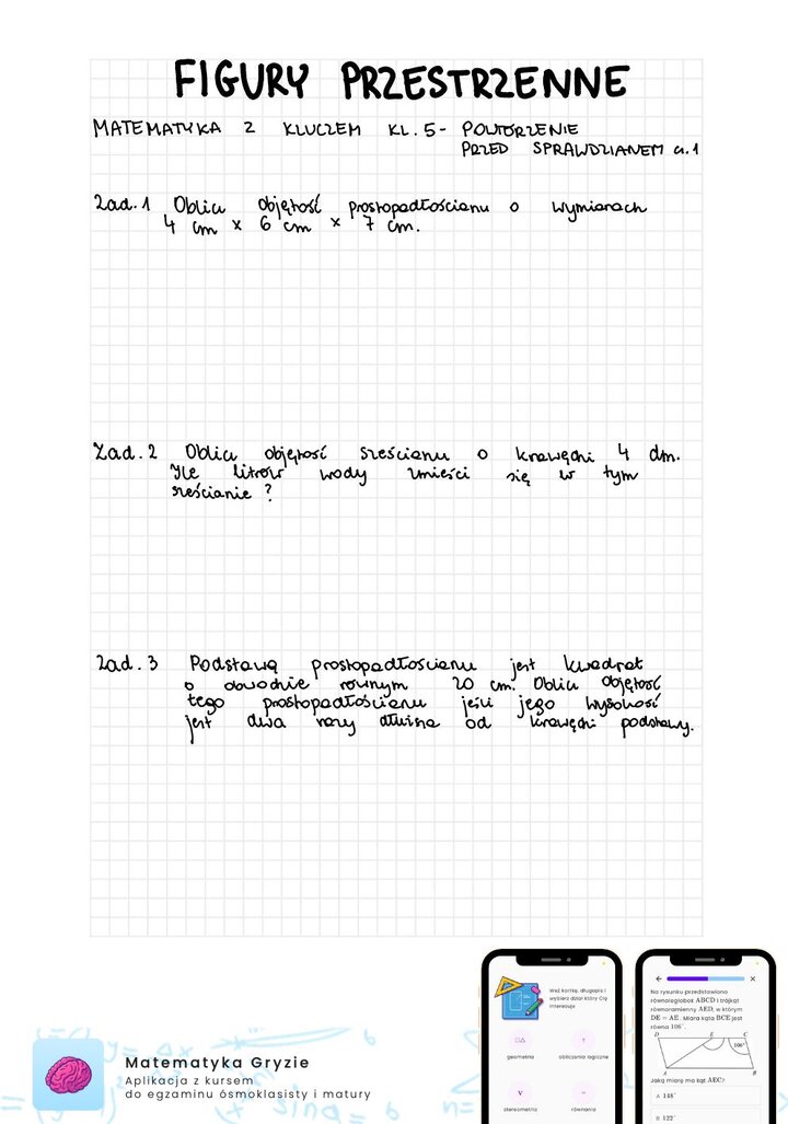 Figury przestrzenne - sprawdzian matematyka z kluczem - powtrka