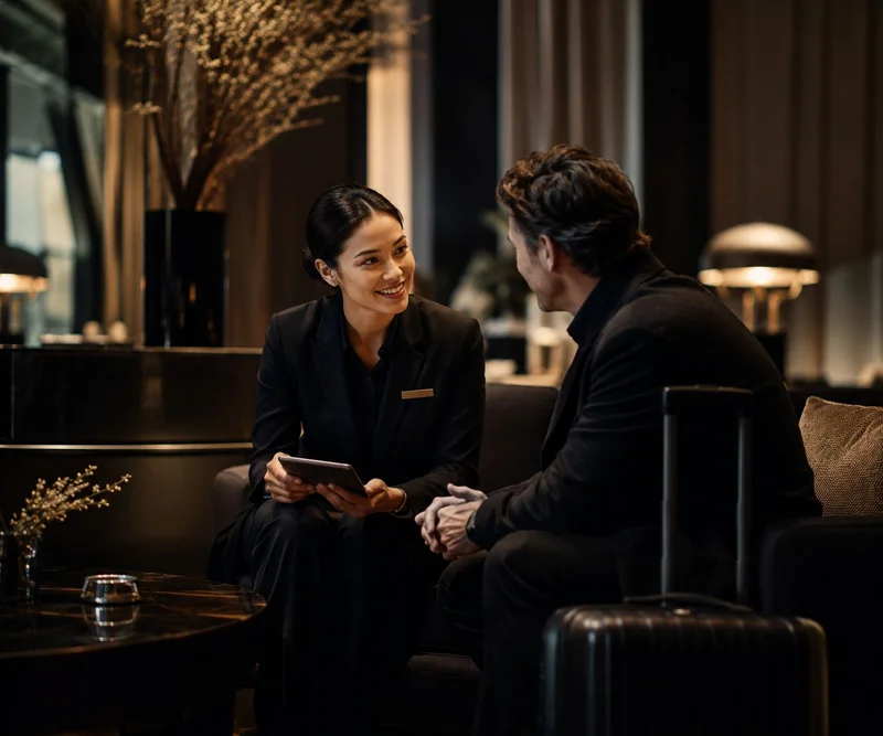 Hotel staff member speaking with a guest