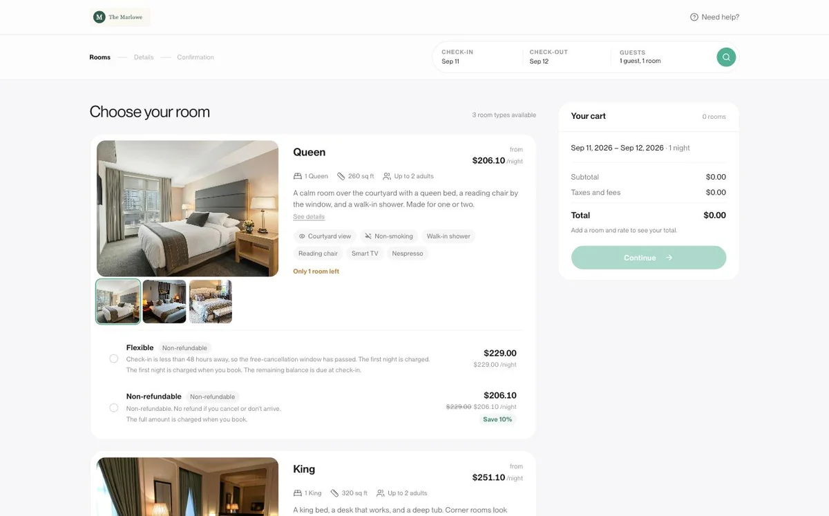 Bright Booking room and rate selection for direct bookings