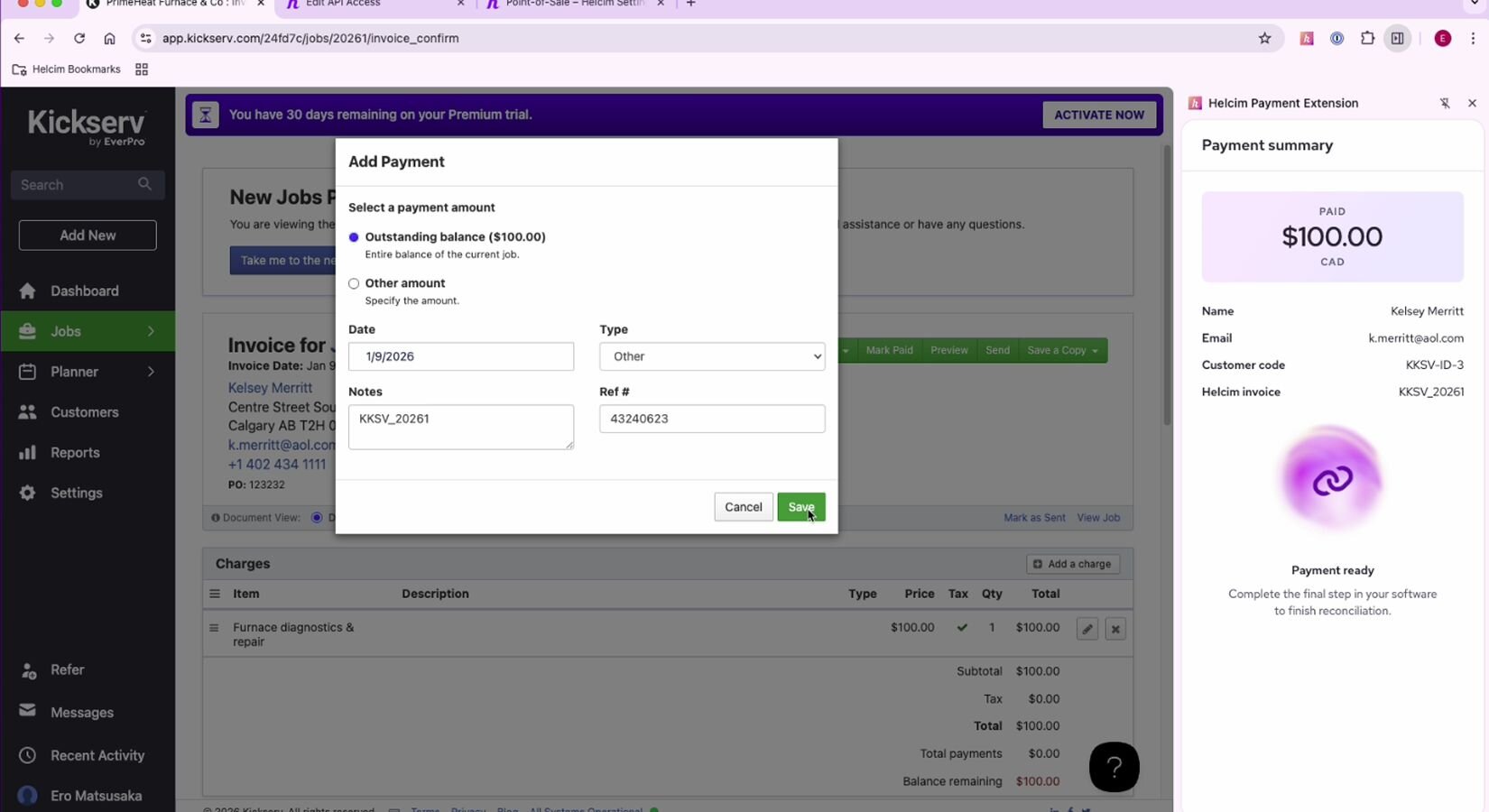 Integrate Kickserv with Helcim