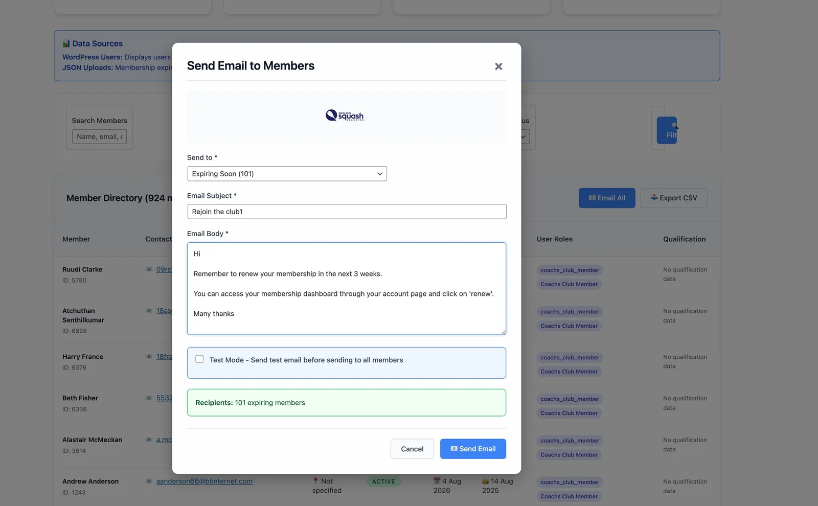 Send Email to Members modal showing targeted renewal recipients