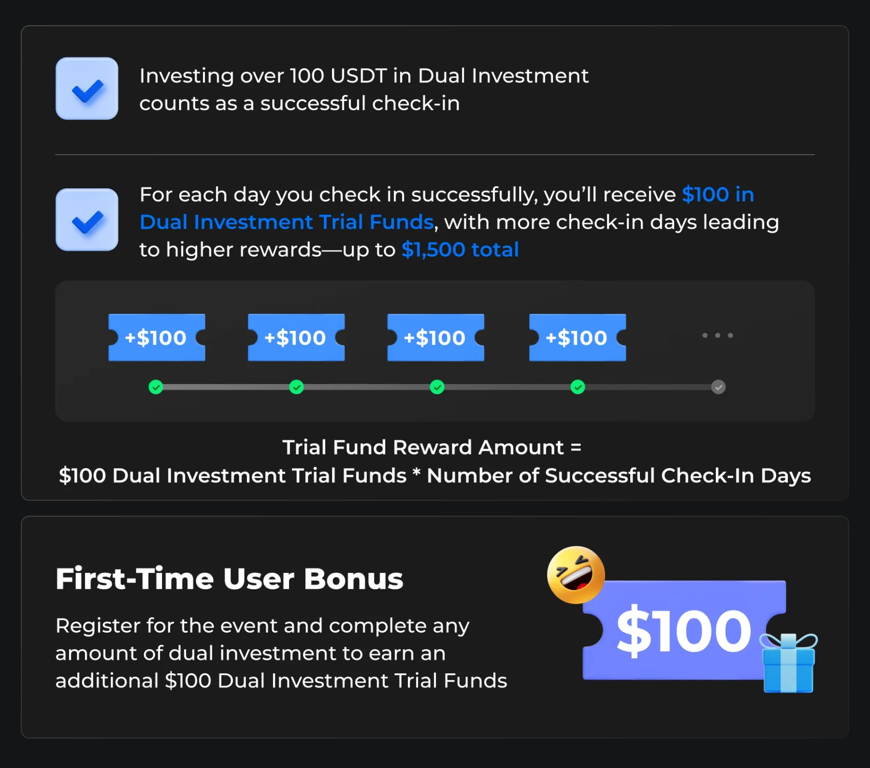 Dual Investment Check-in Challenge: Earn $100 in Trial Funds Daily ...