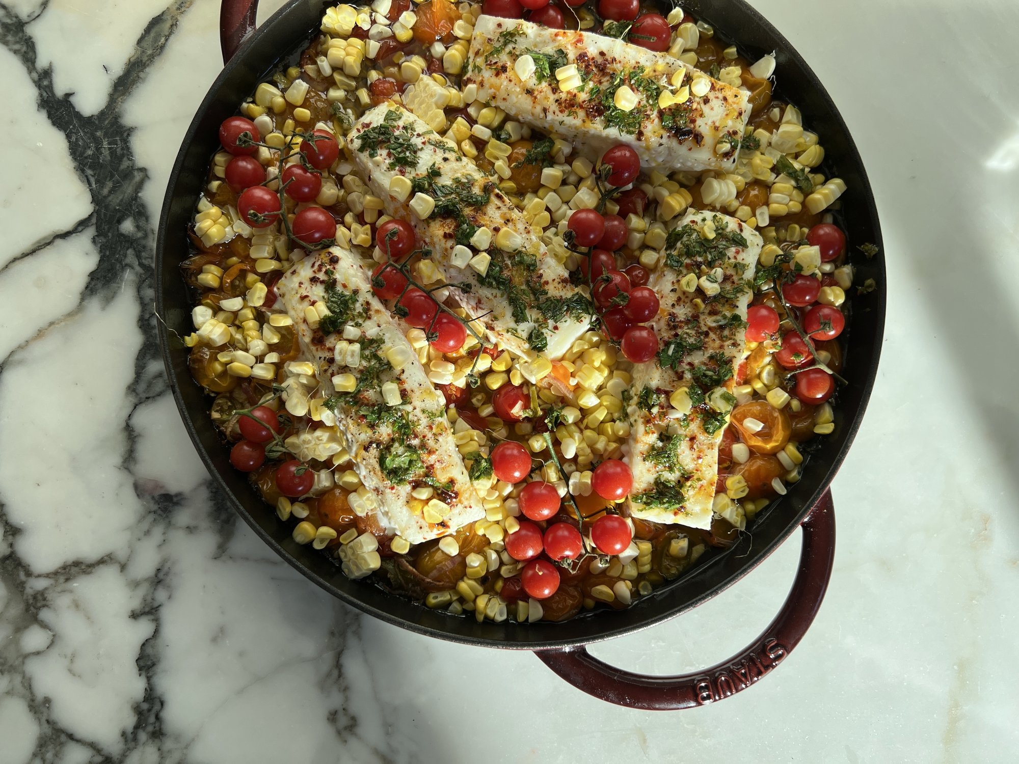 Grilled Halibut with Sun Gold Tomatoes, Corn, and Salsa Verde EyeSwoon