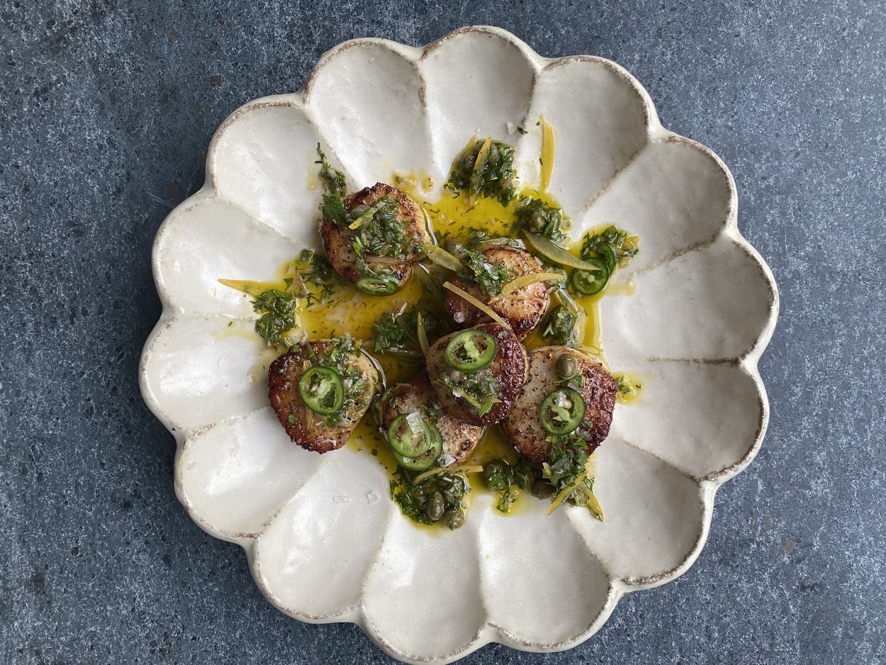 Easy Seared Scallops Recipe With Preserved LemonCaper Salsa Verde EyeSwoon