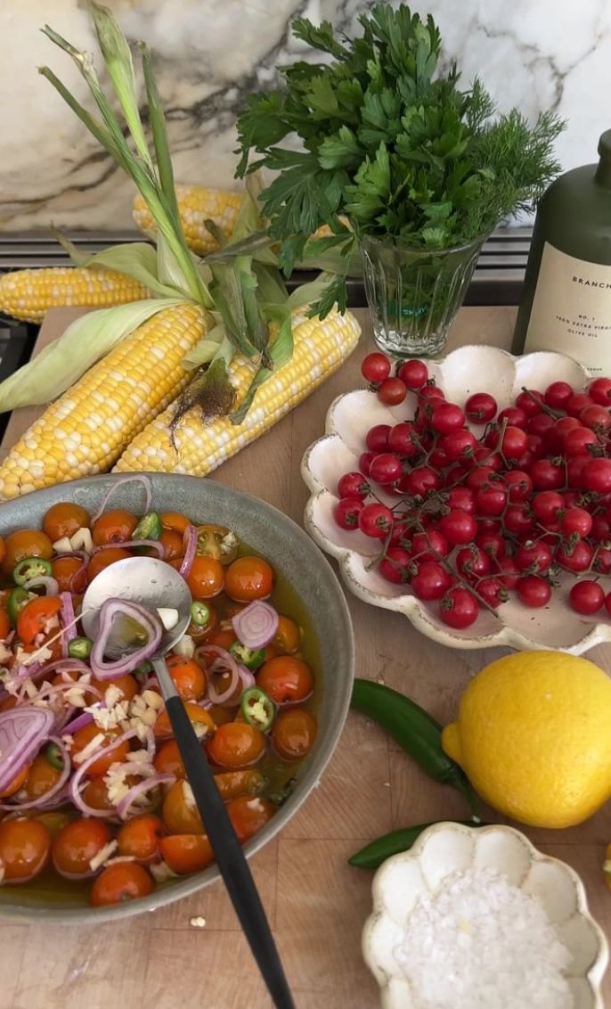 Grilled Halibut with Sun Gold Tomatoes, Corn, and Salsa Verde EyeSwoon