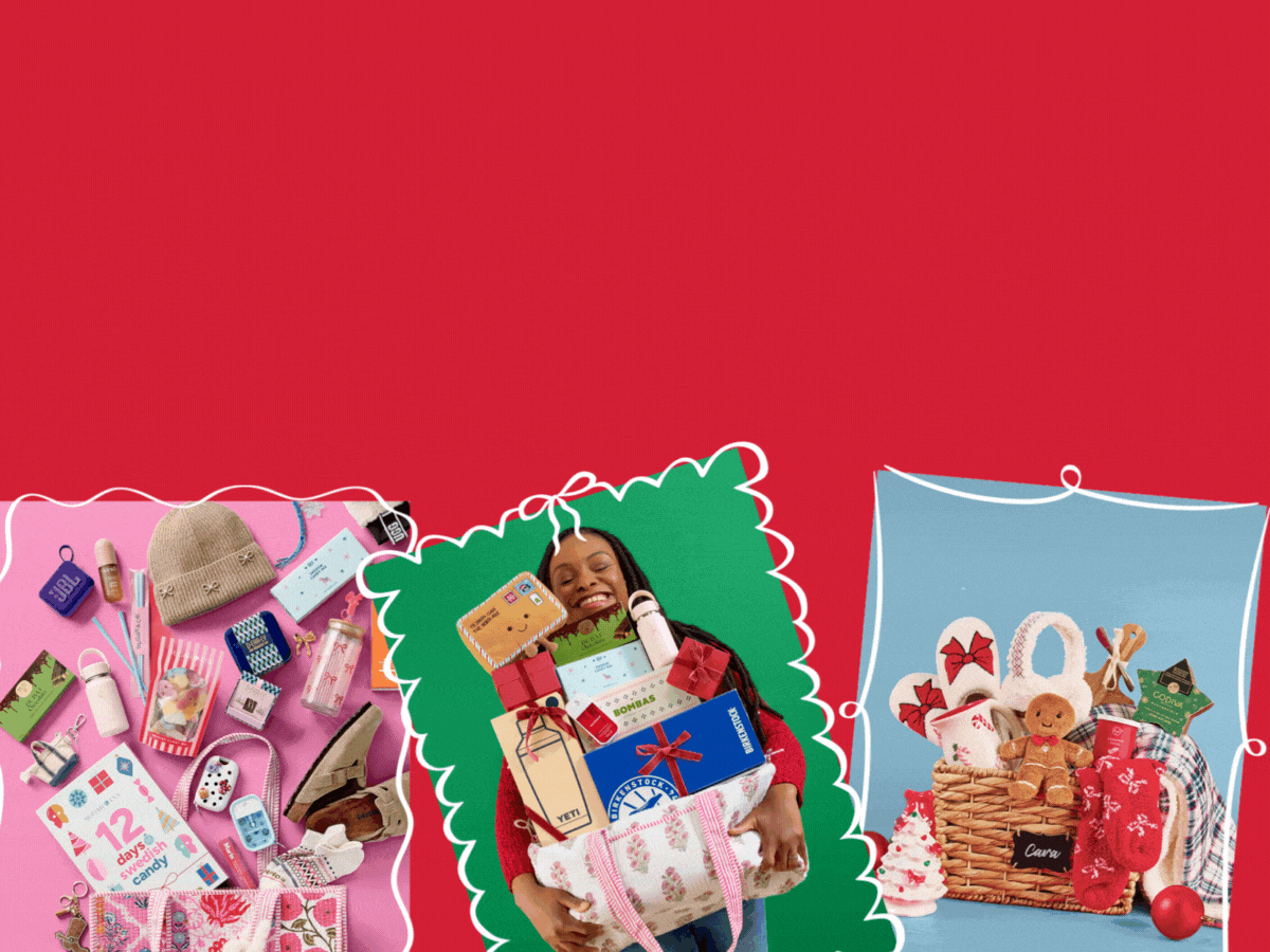 Three festive holiday-themed images on a red background: one showing a smiling shopper holding a holiday gift basket; another featuring a basket filled with cozy slippers, toys, candy, and a coffee mug; and a third displaying a quilted bag with gifts spilling out, including a beanie, water bottle, advent calendar, candy, and assorted stocking stuffers.