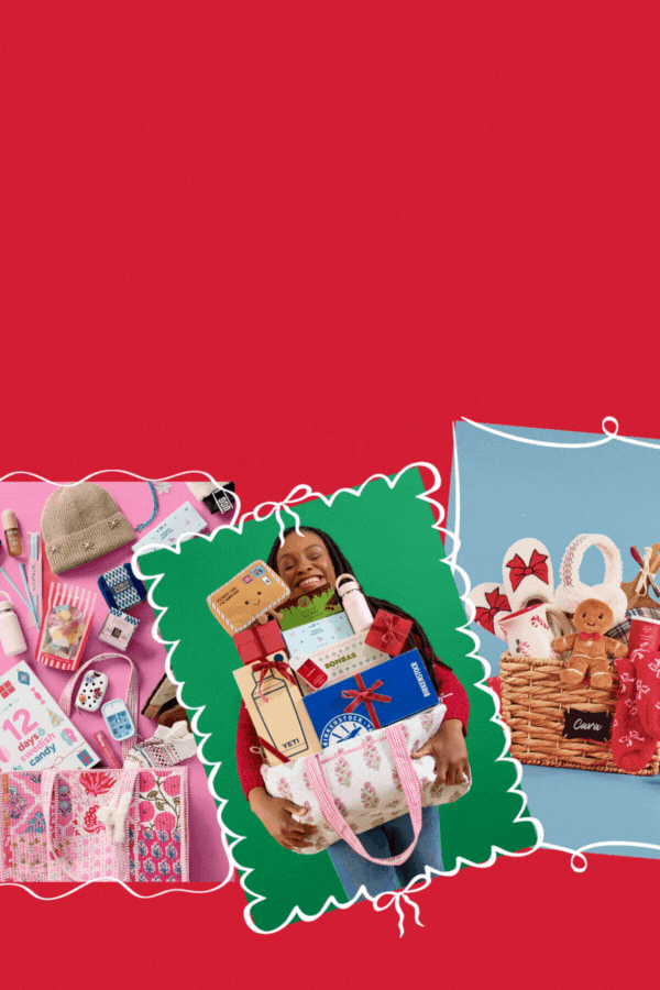 Three festive holiday-themed images on a red background: one showing a smiling shopper holding a holiday gift basket; another featuring a basket filled with cozy slippers, toys, candy, and a coffee mug; and a third displaying a quilted bag with gifts spilling out, including a beanie, water bottle, advent calendar, candy, and assorted stocking stuffers.