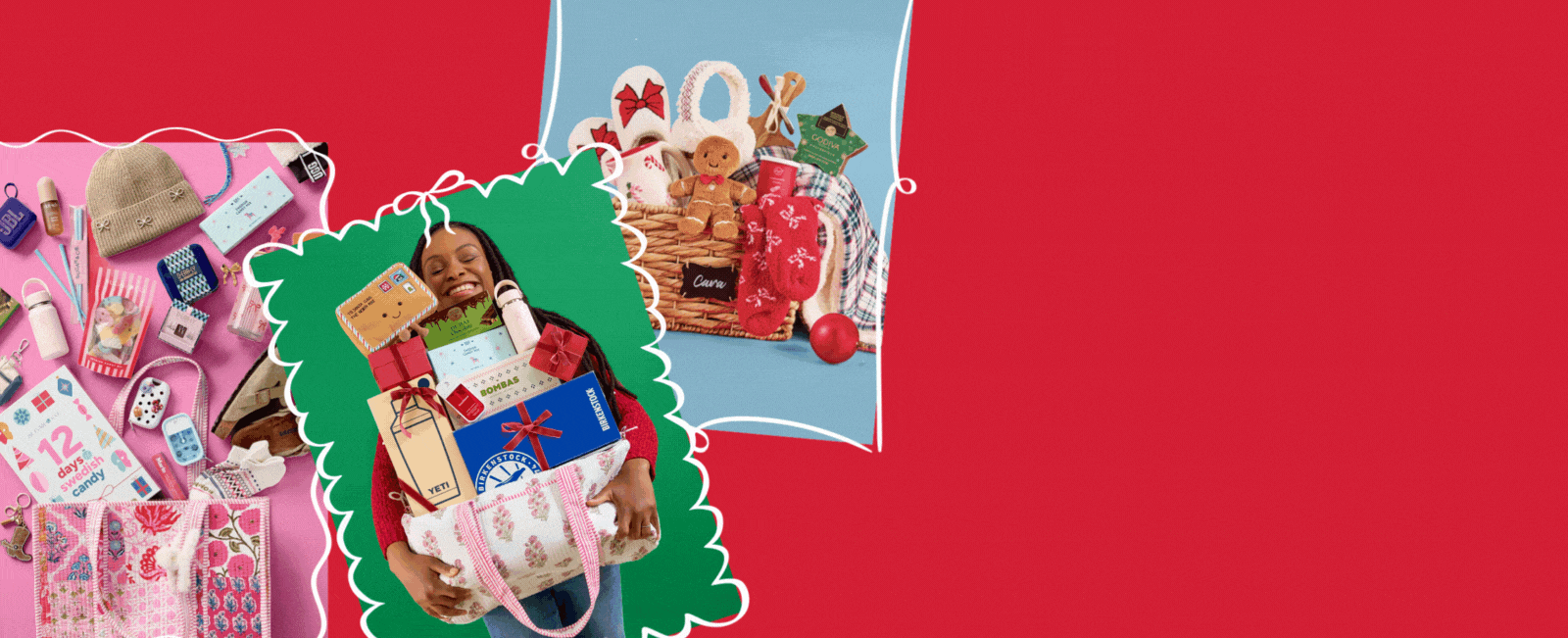 Three festive holiday-themed images on a red background: one showing a smiling shopper holding a holiday gift basket; another featuring a basket filled with cozy slippers, toys, candy, and a coffee mug; and a third displaying a quilted bag with gifts spilling out, including a beanie, water bottle, advent calendar, candy, and assorted stocking stuffers